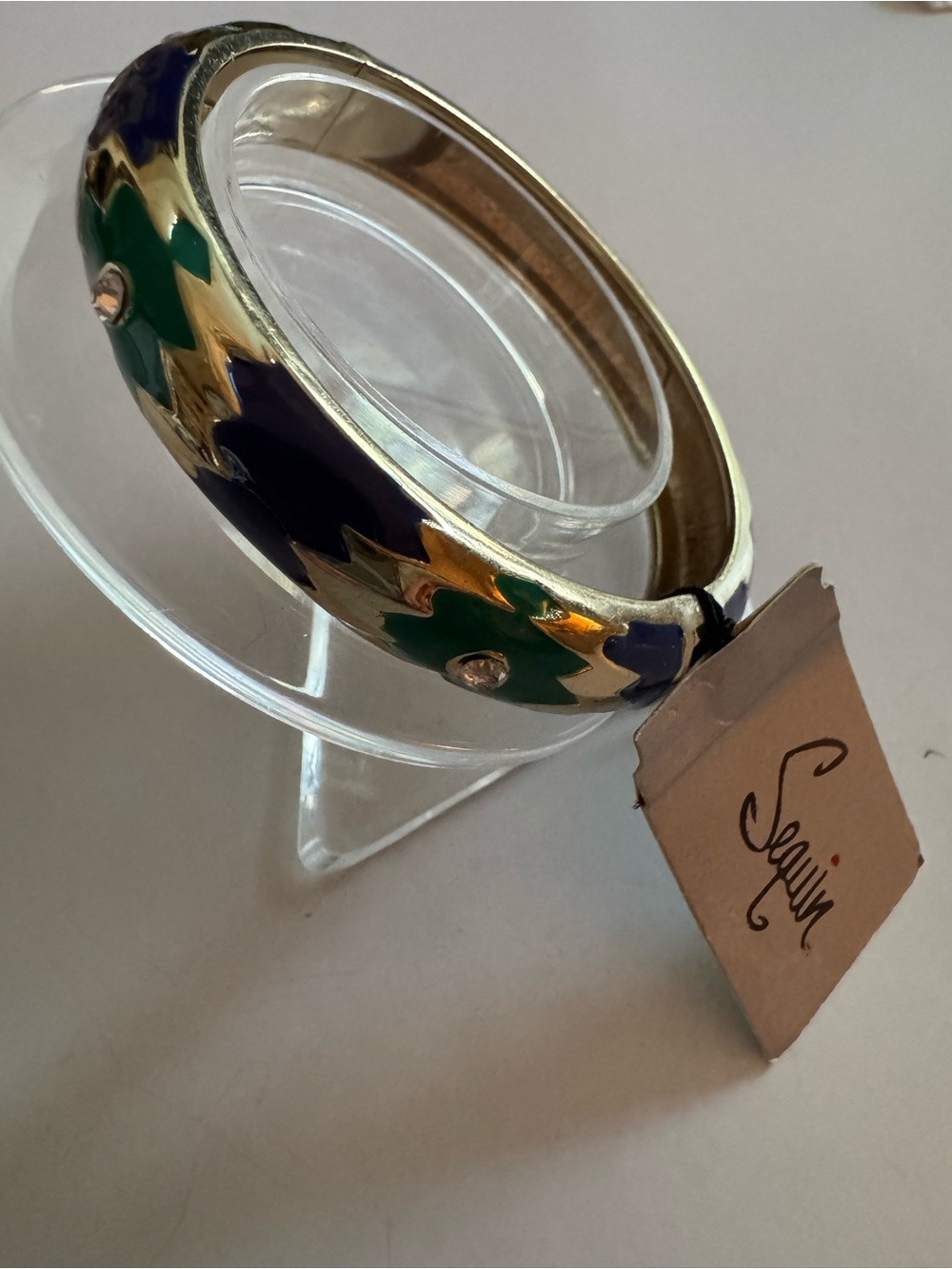 Gold-Tone Enamel Bracelet with Green and Navy ZigZag Accents